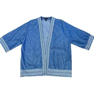 Forever 21 Women’s Open Front Kimono Chambray Blue w/ White Embroidery Size Lrg